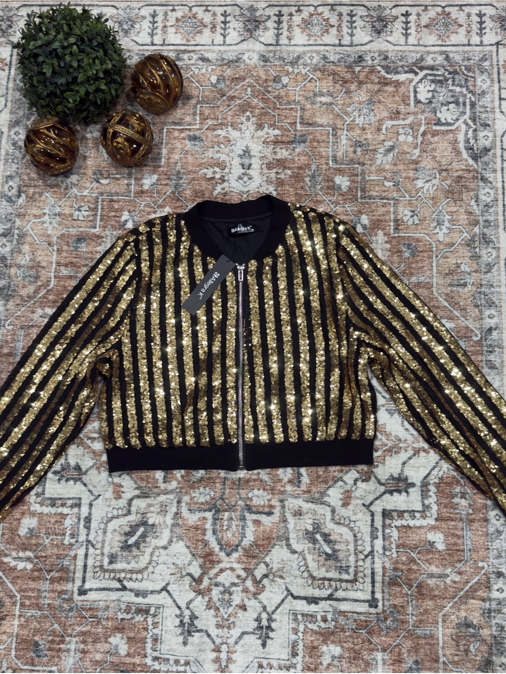 Allegra K Black & Gold Sequin Stripe Bomber Jacket